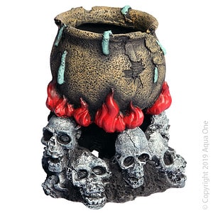 Ornament Skull Fire With Couldron 11x11x13cmh